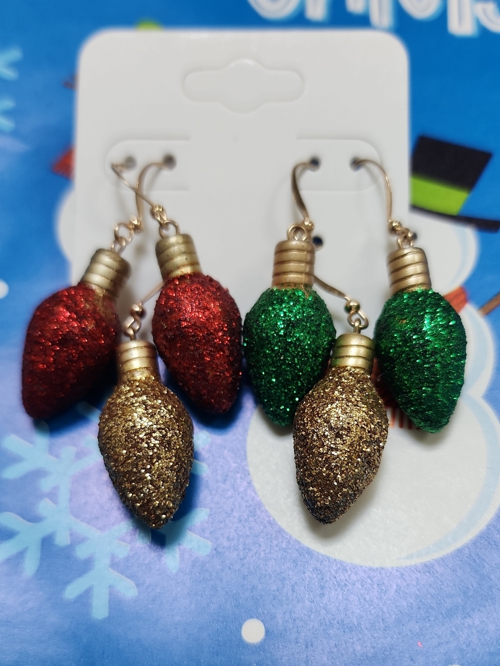 3 Pairs Glitter Holiday Lightbulb Earrings‎ — Red, Green & Gold